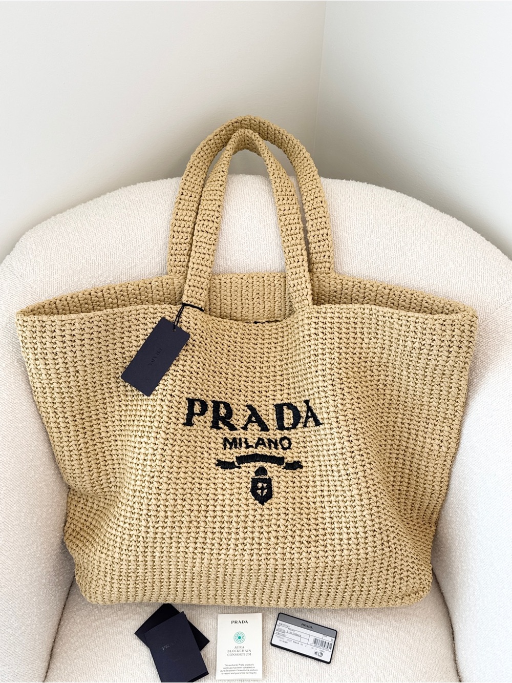 ✨NEW✨PRADA Yarn Raffia Effect Embroidered Logo Large Crochet Tote Bag - Natural
